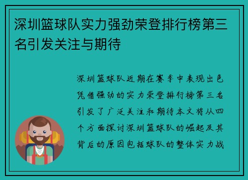深圳篮球队实力强劲荣登排行榜第三名引发关注与期待